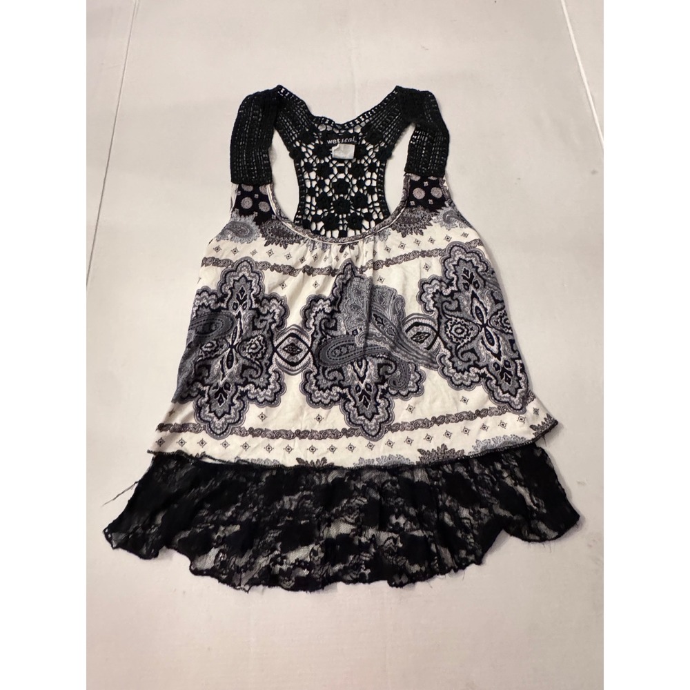 Wet Seal Womens Black White Paisley Crochet Racerback Lace Trim Tank Top